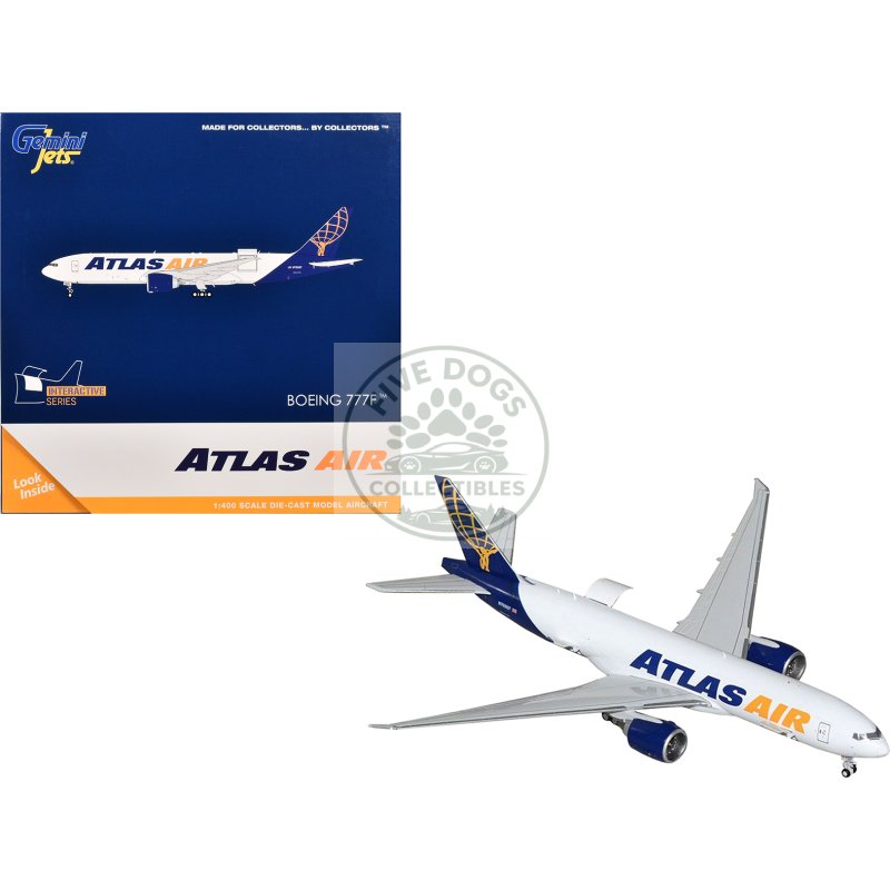 boeing 777 200lrf commercial aircraft "atlas air" (n703gt) white with blue tail "interactive series" 1/400 diecast model airplane by geminijets