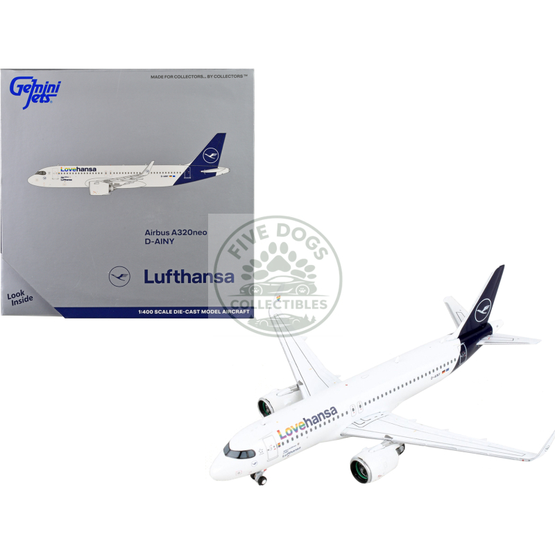 airbus a320neo commercial aircraft "lufthansa lovehansa" white with dark blue tail 1/400 diecast model airplane by geminijets
