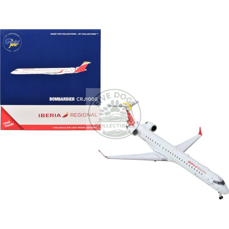 bombardier crj1000 commercial aircraft "iberia regional" (ec mvz) white with red tail 1/400 diecast model airplane by geminijets