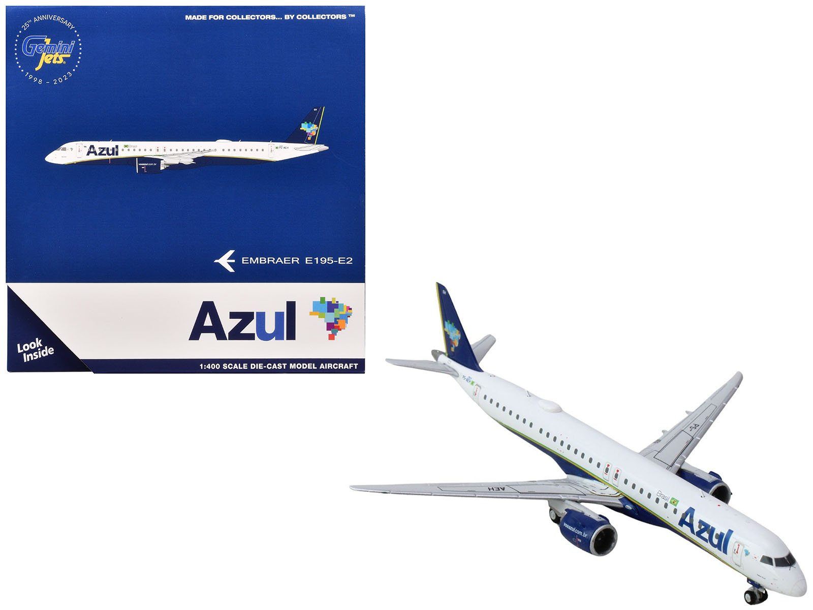 embraer e195 e2 commercial aircraft "azul brazilian airlines" (ps aeh) white with blue tail 1/400 diecast model airplane by geminijets embraer e195 e2 commercial aircraft "azul brazilian airlines" (ps aeh) white with blue tail 1/400 diecast model airplane by geminijets