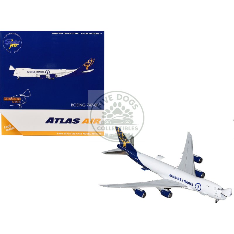 boeing 747 8f commercial aircraft "atlas air kuehne+nagel" (n862gt) white with blue tail "interactive series" 1/400 diecast model airplane by geminijets