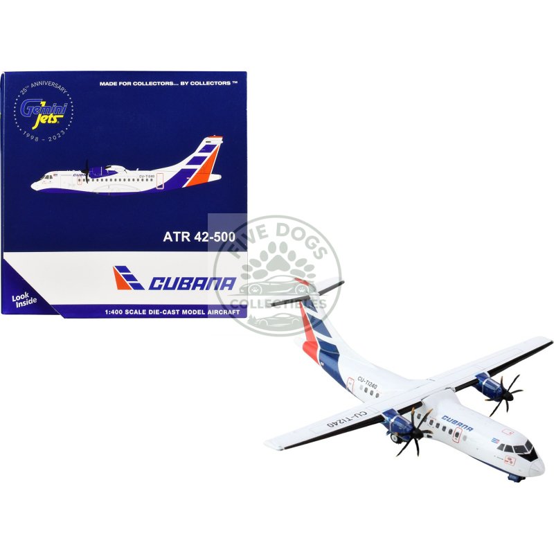 atr 42 500 commercial aircraft "cubana airlines" (cu t1240) white with red and blue stripes 1/400 diecast model airplane by geminijets