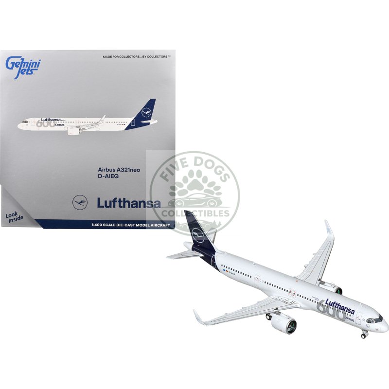 airbus a321neo commercial aircraft "lufthansa 600th airbus aircraft" (d aieq) white with dark blue tail 1/400 diecast model airplane by geminijets