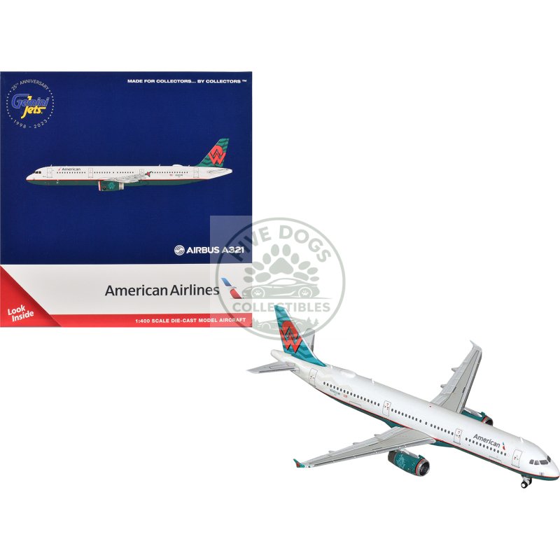 airbus a321 commercial aircraft "american airlines america west heritage jet" (n580uw) white with tail graphics 1/400 diecast model airplane by geminijets
