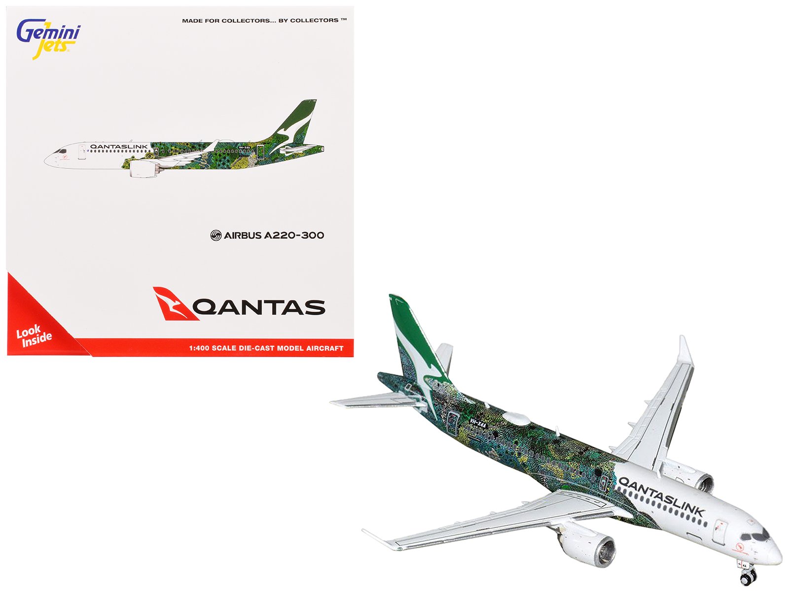 airbus a220 300 commercial aircraft "qantaslink minyma kutjara tjukurpa" (vh x4a) white with graphics 1/400 diecast model airplane by geminijets airbus a220 300 commercial aircraft "qantaslink minyma kutjara tjukurpa" (vh x4a) white with graphics 1/400 diecast model airplane by geminijets