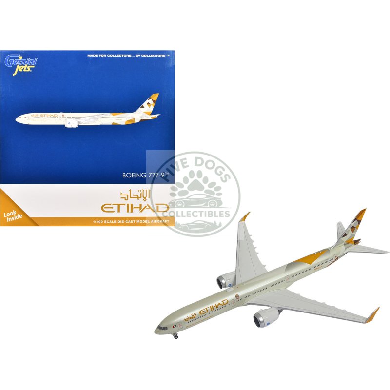 boeing 777 9 commercial aircraft "etihad airways" (a6 faa) beige with tail graphics 1/400 diecast model airplane by geminijets