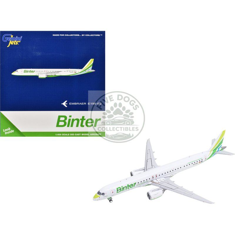 embraer e195 e2 commercial aircraft "binter canarias" (ec oea) white with green tail stripes stripes 1/400 diecast model airplane by geminijets
