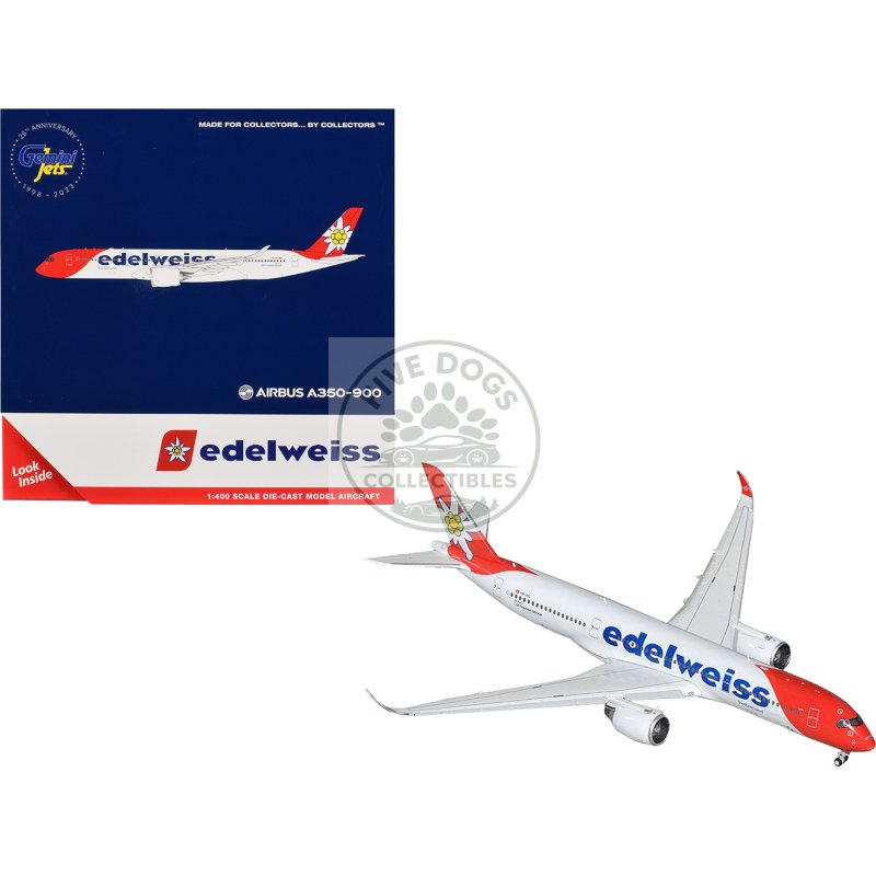 airbus a350 900 commercial aircraft with flaps down configuration "edelweiss air" (hb ihc) white with red tail 1/400 diecast model airplane by geminijets