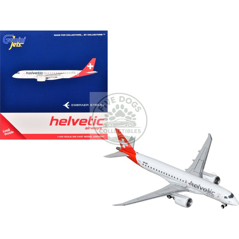 embraer e190 e2 commercial aircraft "helvetic airways" (hb azc) white with red tail 1/400 diecast model airplane by geminijets