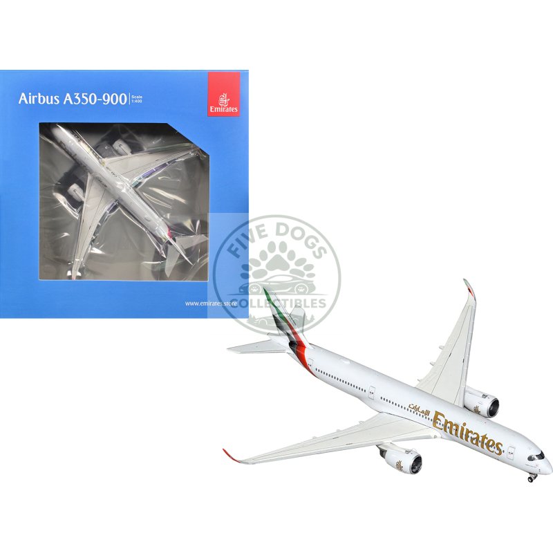 airbus a350 900 commercial aircraft "emirates airlines" (a6 exb) white with tail graphics 1/400 diecast model airplane by geminijets