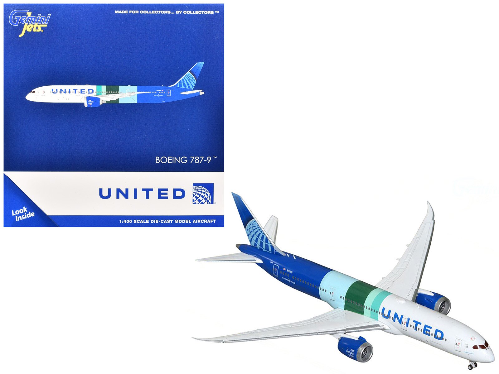 boeing 787 9 commercial aircraft "united airlines the future is saf" (n24988) white and blue with stripes 1/400 diecast model airplane by geminijets boeing 787 9 commercial aircraft "united airlines the future is saf" (n24988) white and blue with stripes 1/400 diecast model airplane by geminijets