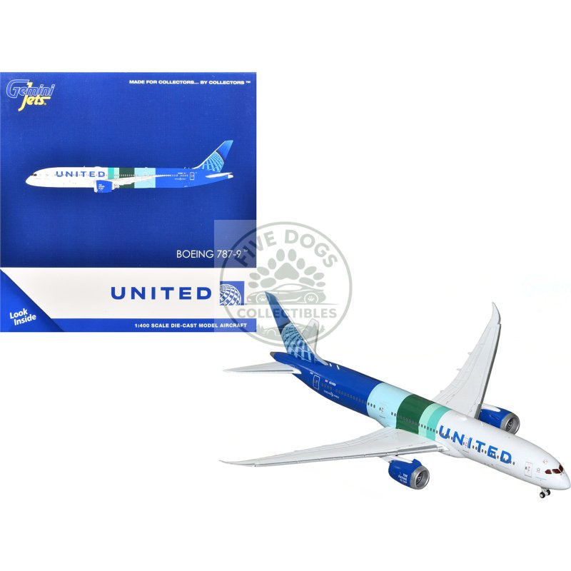 boeing 787 9 commercial aircraft "united airlines the future is saf" (n24988) white and blue with stripes 1/400 diecast model airplane by geminijets