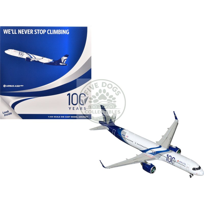 airbus a321neo commercial aircraft "delta air lines 100 years" (n589dt) white and blue with stripes 1/400 diecast model airplane by geminijets