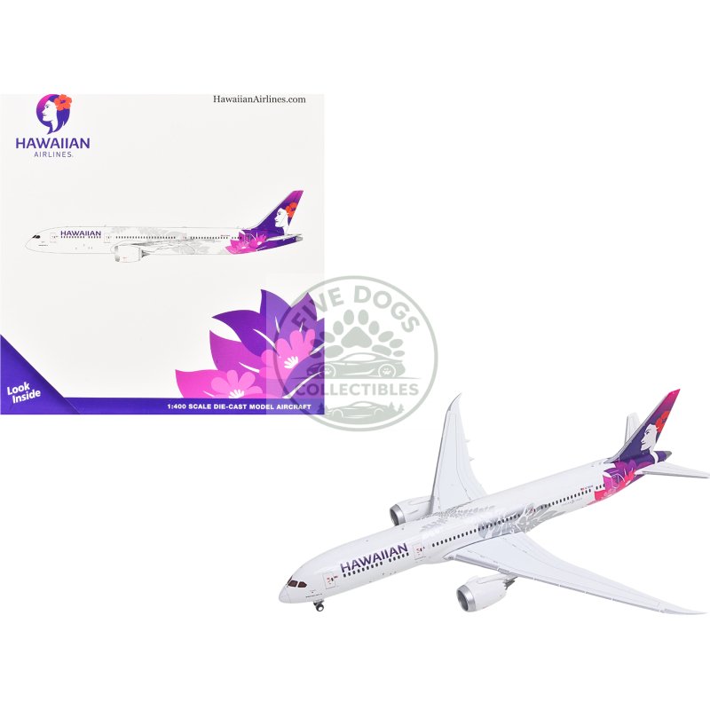 boeing 787 9 commercial aircraft "hawaiian airlines" (n781ha) white with purple tail graphics 1/400 diecast model airplane by geminijets
