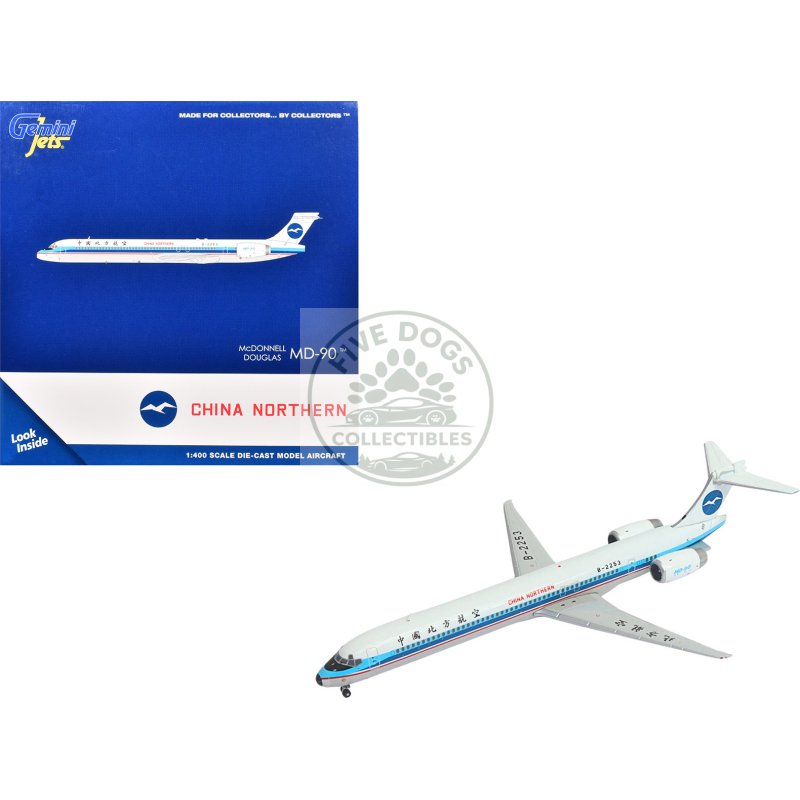 mcdonnell douglas md 90 commercial aircraft "china northern airlines" (b 2253) white with blue stripes 1/400 diecast model airplane by geminijets