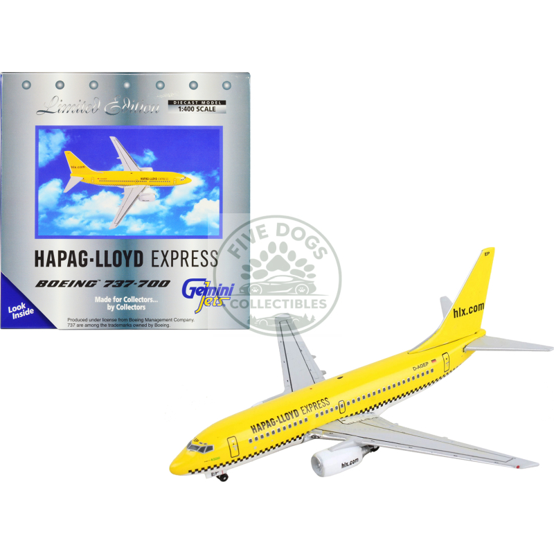 boeing 737 700 commercial aircraft "hapag lloyd" yellow 1/400 diecast model airplane by geminijets