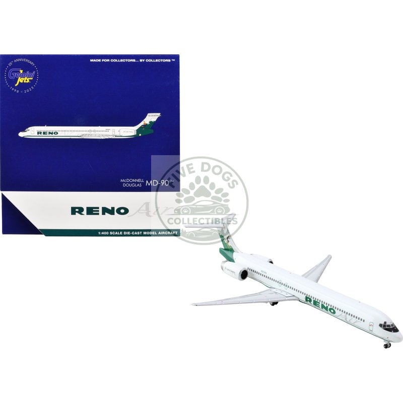 mcdonnell douglas md 90 commercial aircraft "reno air" (n905ra) white with green tail 1/400 diecast model airplane by geminijets