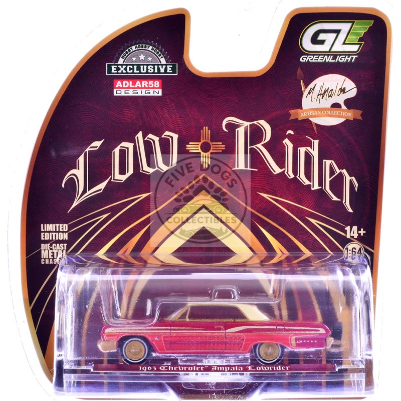 1963 chevrolet impala lowrider "michael heralda special edition" red metallic with cream top and interior with gold graphics "hobby exclusive" series 1/64 diecast model car by greenlight