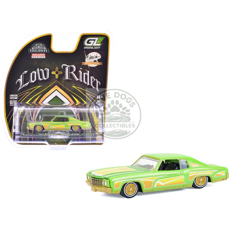 1970 chevrolet monte carlo lowrider "michael heralda special edition" lime green with graphics "hobby exclusive" series 1/64 diecast model car by greenlight