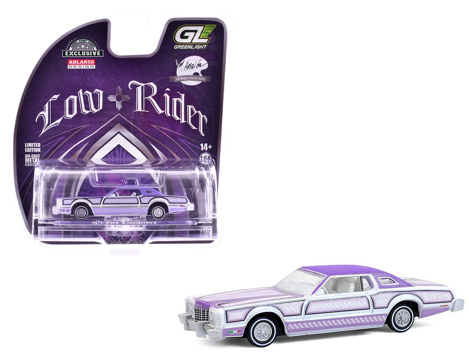 1973 ford thunderbird lowrider "michael heralda special edition" purple metallic with graphics and white interior "hobby exclusive" series 1/64 diecast model car by greenlight 1973 ford thunderbird lowrider "michael heralda special edition" purple metallic with graphics and white interior "hobby exclusive" series 1/64 diecast model car by greenlight