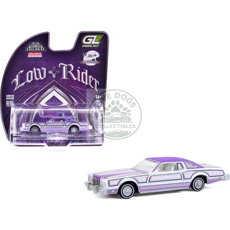 1973 ford thunderbird lowrider "michael heralda special edition" purple metallic with graphics and white interior "hobby exclusive" series 1/64 diecast model car by greenlight