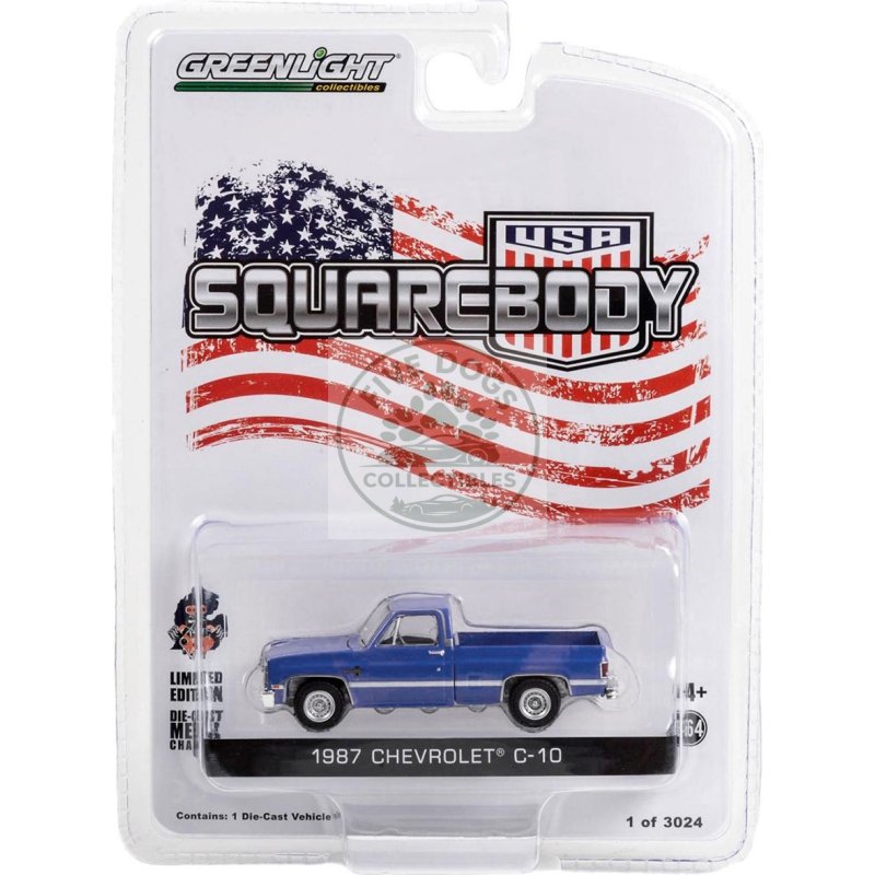 1987 chevrolet c 10 pickup truck blue "squarebody usa" limited edition to 3024 pieces worldwide 1/64 diecast model car by greenlight