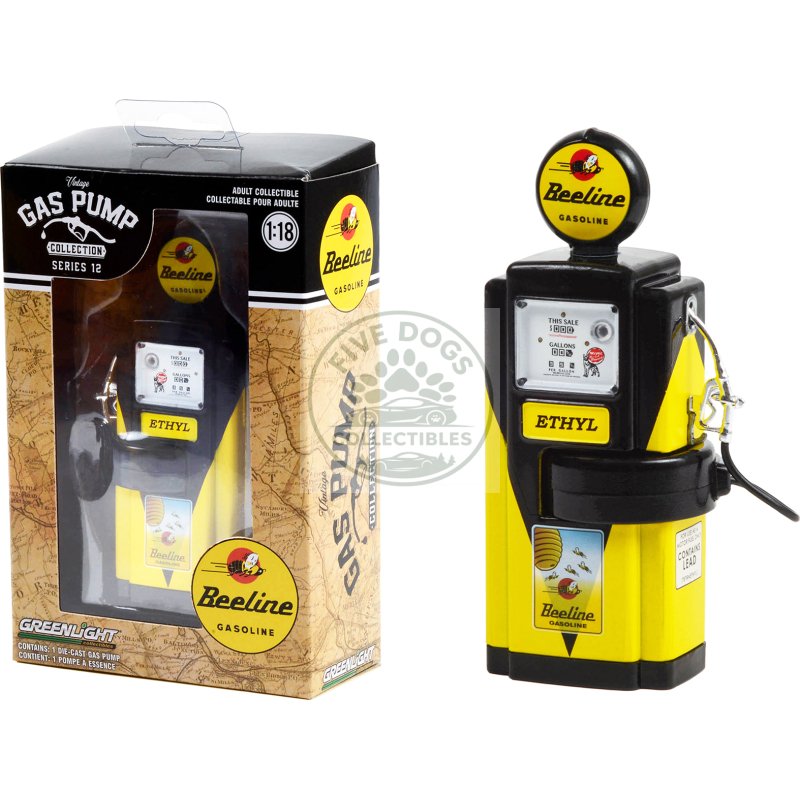 1948 wayne 100 a gas pump "beeline gasoline" yellow and black "vintage gas pumps" series 12 1/18 diecast model by greenlight