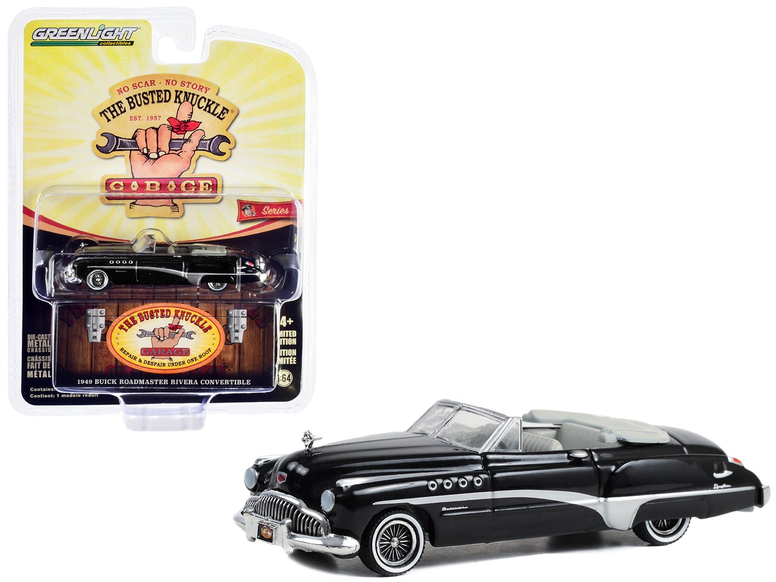 1949 buick roadmaster rivera convertible black "busted knuckle garage car detailing" "busted knuckle garage" series 2 1/64 diecast model car by greenlight 1949 buick roadmaster rivera convertible black "busted knuckle garage car detailing" "busted knuckle garage" series 2 1/64 diecast model car by greenlight
