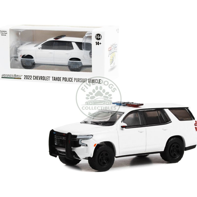 2022 chevrolet tahoe police pursuit vehicle (ppv) white with light bar "hot pursuit" "hobby exclusive" series 1/64 diecast model car by greenlight