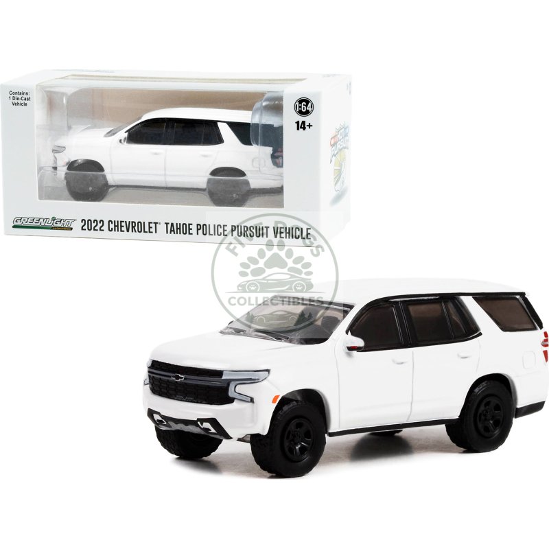 2022 chevrolet tahoe police pursuit vehicle (ppv) white "hot pursuit" "hobby exclusive" series 1/64 diecast model car by greenlight