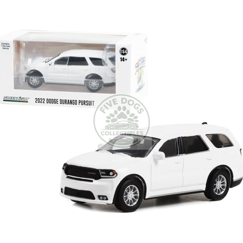 2022 dodge durango pursuit police car white "hot pursuit" "hobby exclusive" series 1/64 diecast model car by greenlight