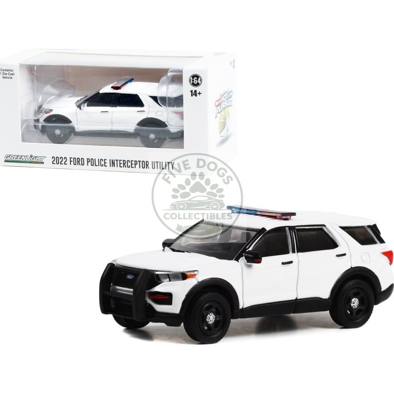 2022 ford police interceptor utility white with light bar "hot pursuit" "hobby exclusive" series 1/64 diecast model car by greenlight