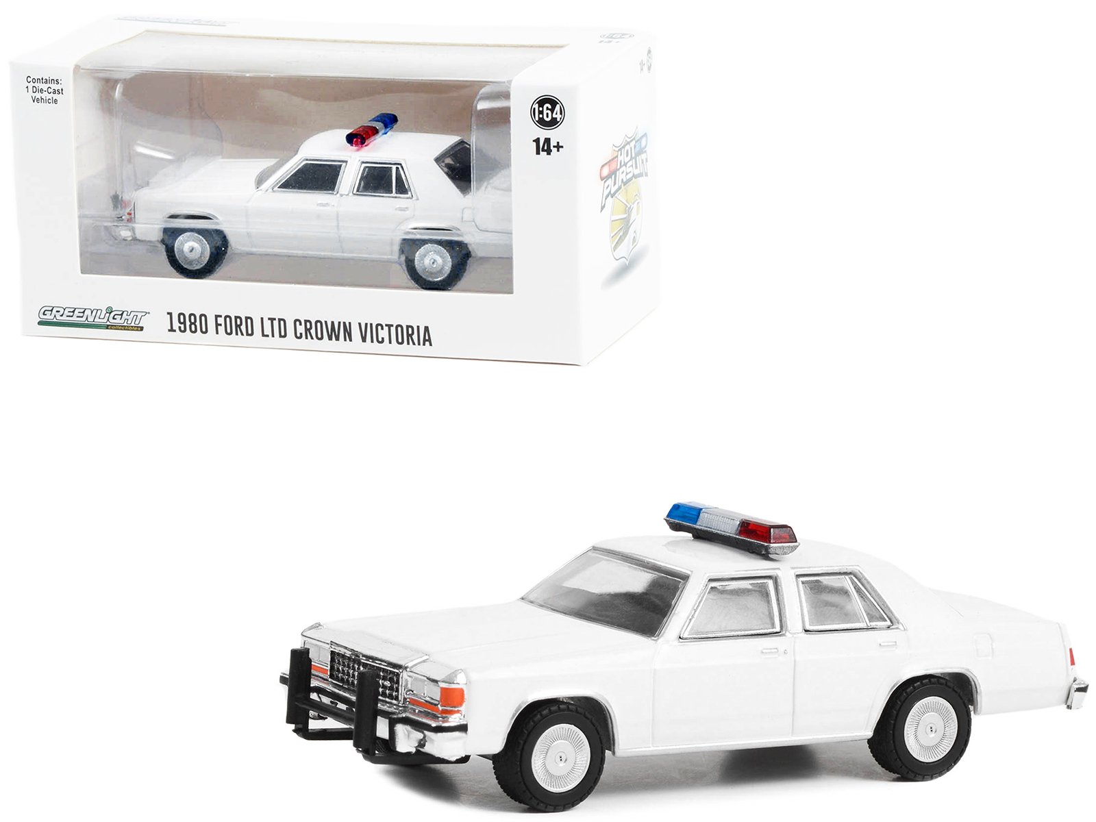 1980 1991 ford ltd crown victoria police white with light bar "hot pursuit" "hobby exclusive" series 1/64 diecast model car by greenlight 1980 1991 ford ltd crown victoria police white with light bar "hot pursuit" "hobby exclusive" series 1/64 diecast model car by greenlight