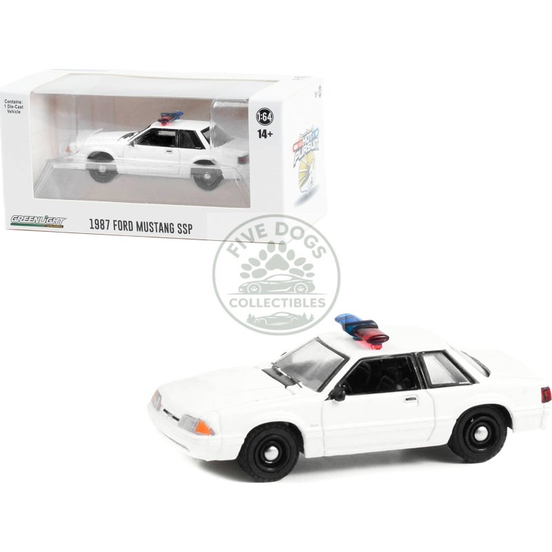 1987 1993 ford mustang ssp white police car with light bar "hot pursuit" "hobby exclusive" series 1/64 diecast model car by greenlight