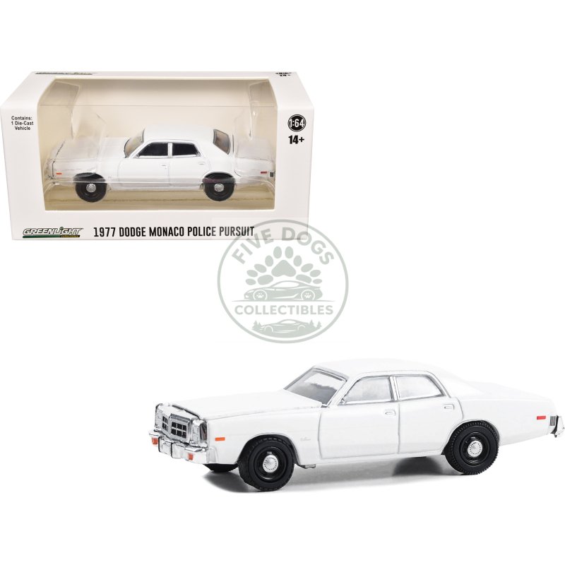 1977 78 dodge monaco police pursuit white "hot pursuit hobby exclusive" series 1/64 diecast model car by greenlight