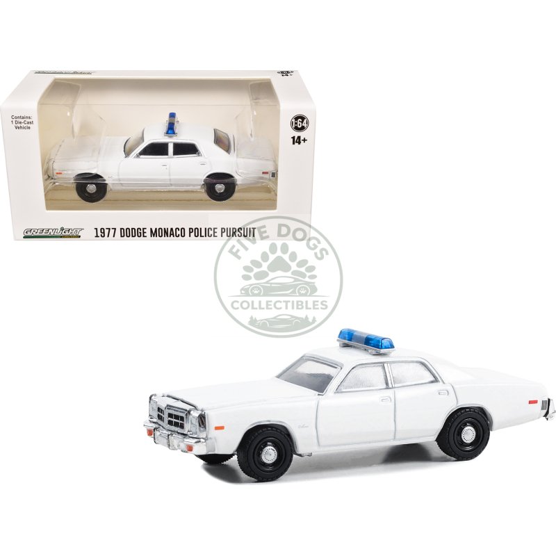 1977 78 dodge monaco police pursuit white with light bar "hot pursuit hobby exclusive" series 1/64 diecast model car by greenlight