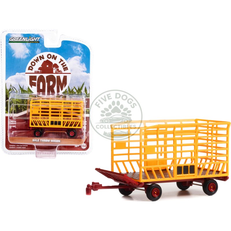 bale throw wagon yellow and red "down on the farm" series 7 1/64 diecast model by greenlight