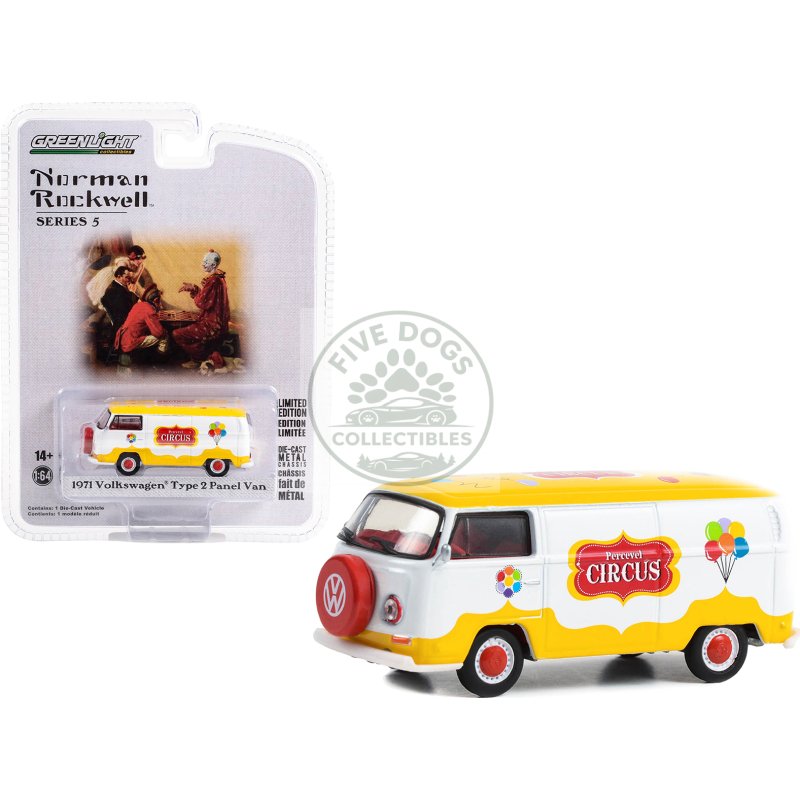1971 volkswagen type 2 panel van yellow and white with red interior "percevel circus" "norman rockwell" series 5 1/64 diecast model car by greenlight