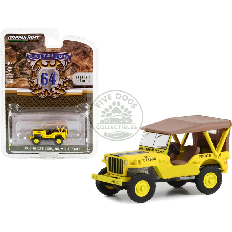 1949 willys jeep mb u.s. army "545th military police company camp drake japan training camp" yellow "battalion 64" series 3 1/64 diecast model car by greenlight