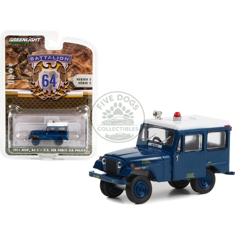 1971 jeep dj 5 "u.s. air force air police" blue with white top "battalion 64" series 3 1/64 diecast model car by greenlight