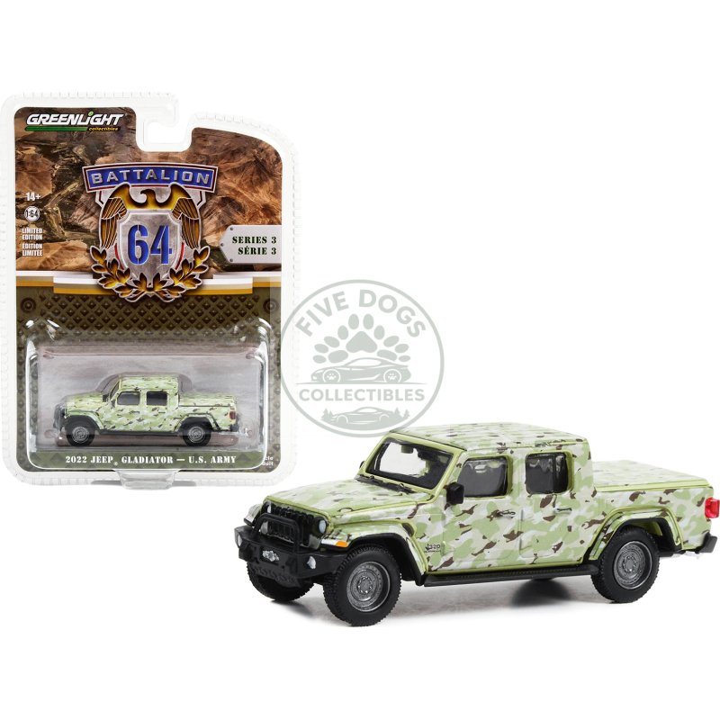 2022 jeep gladiator pickup truck "u.s. army" military spec camouflage "battalion 64" series 3 1/64 diecast model car by greenlight