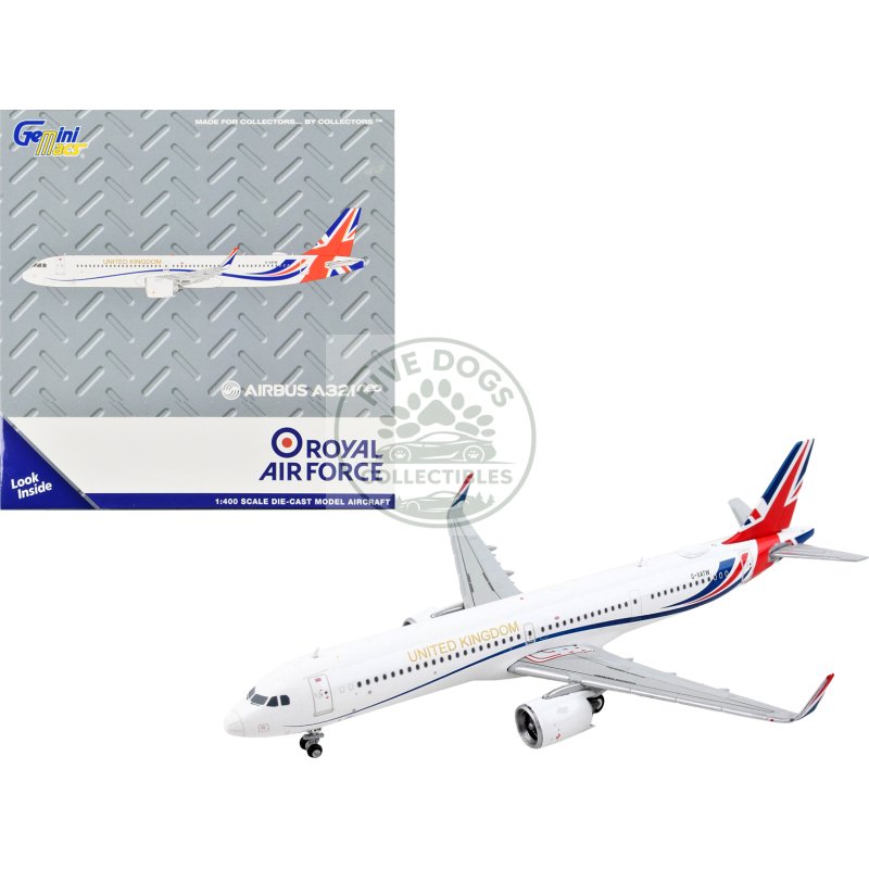 airbus a321neo transport aircraft "royal air force united kingdom" white with uk flag tail "gemini macs" series 1/400 diecast model airplane by geminijets