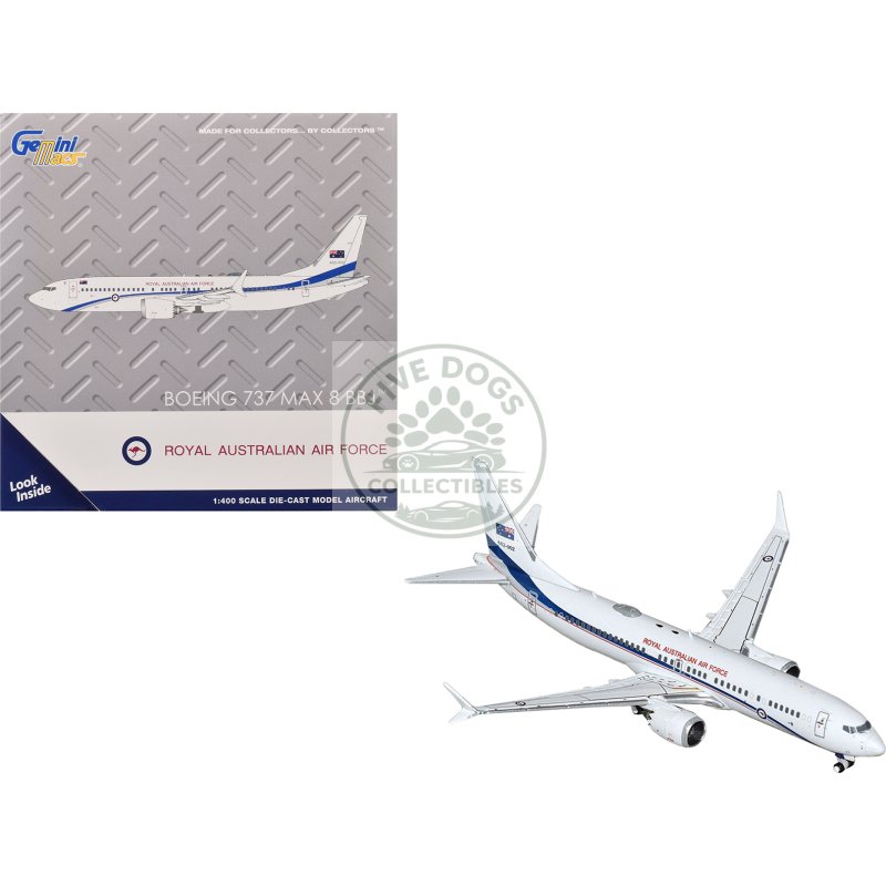 boeing 737 max 8 bbj transport aircraft "royal australian air force (raaf)" (a62 002) white with blue stripes "gemini macs" series 1/400 diecast model airplane by geminijets