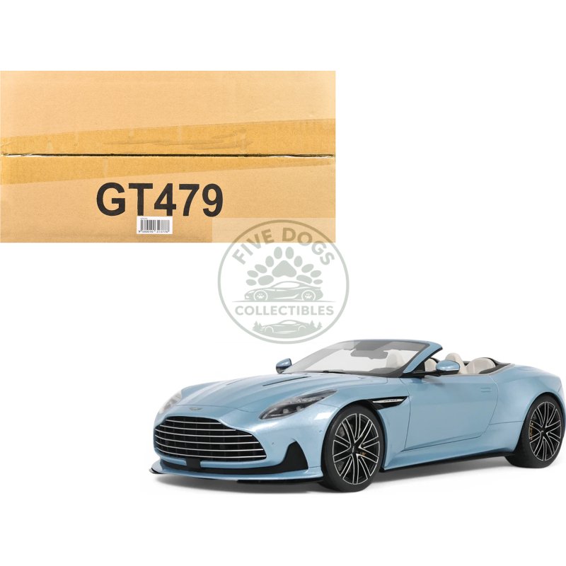 2023 aston martin db12 volante caribbean blue pearl with white interior 1/18 model car by gt spirit