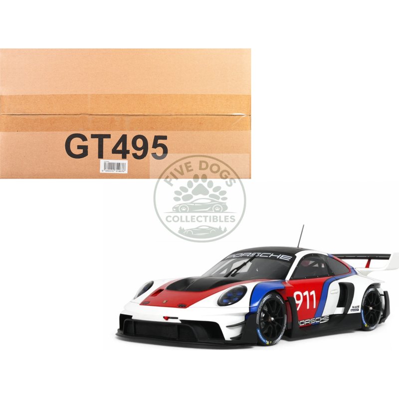 2023 porsche 911 (992) gt3 r rennsport white with black top and red and blue graphics 1/18 model car by gt spirit