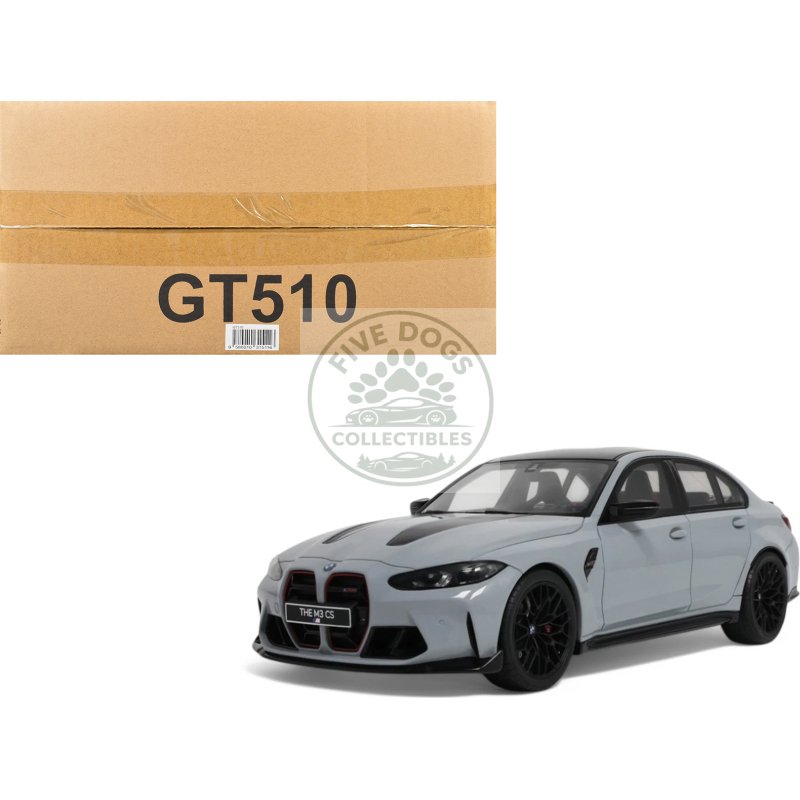 2024 bmw m3 cs m brooklyn gray metallic with black top and hood stripes 1/18 model car by gt spirit