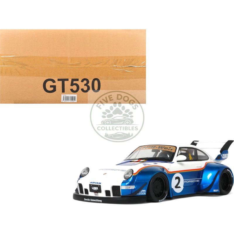 2023 rwb x liberty walk 993 #2 white and blue metallic with graphics 1/18 model car by gt spirit