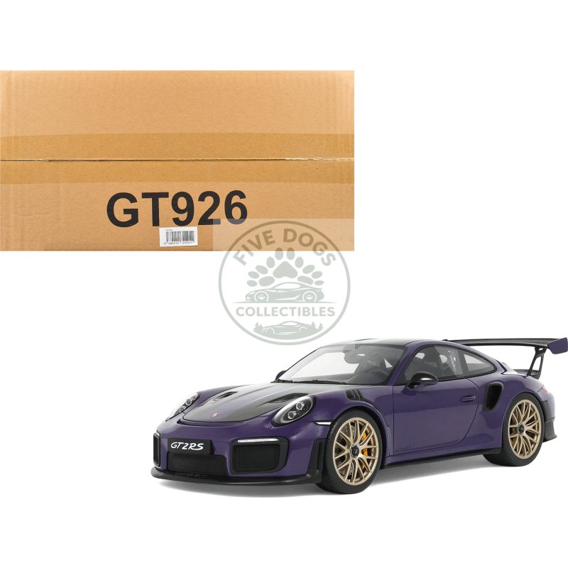 2021 porsche 911 (991.2) gt2 rs ultraviolet metallic with carbon stripes 1/18 model car by gt spirit