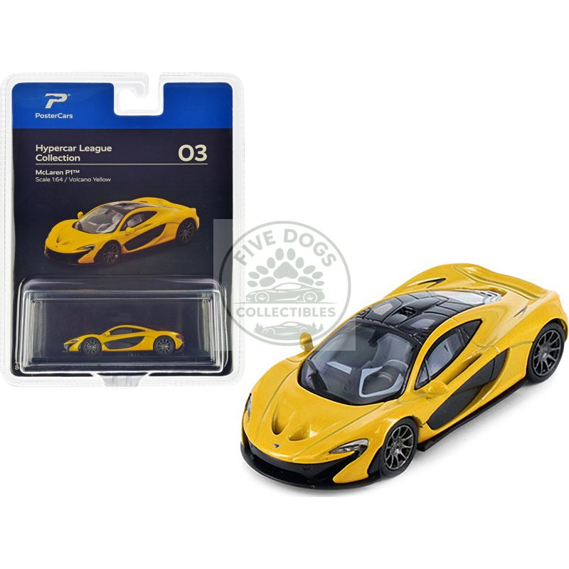 mclaren p1 volcano yellow metallic with black top "hypercar league collection" 1/64 diecast model car by postercars