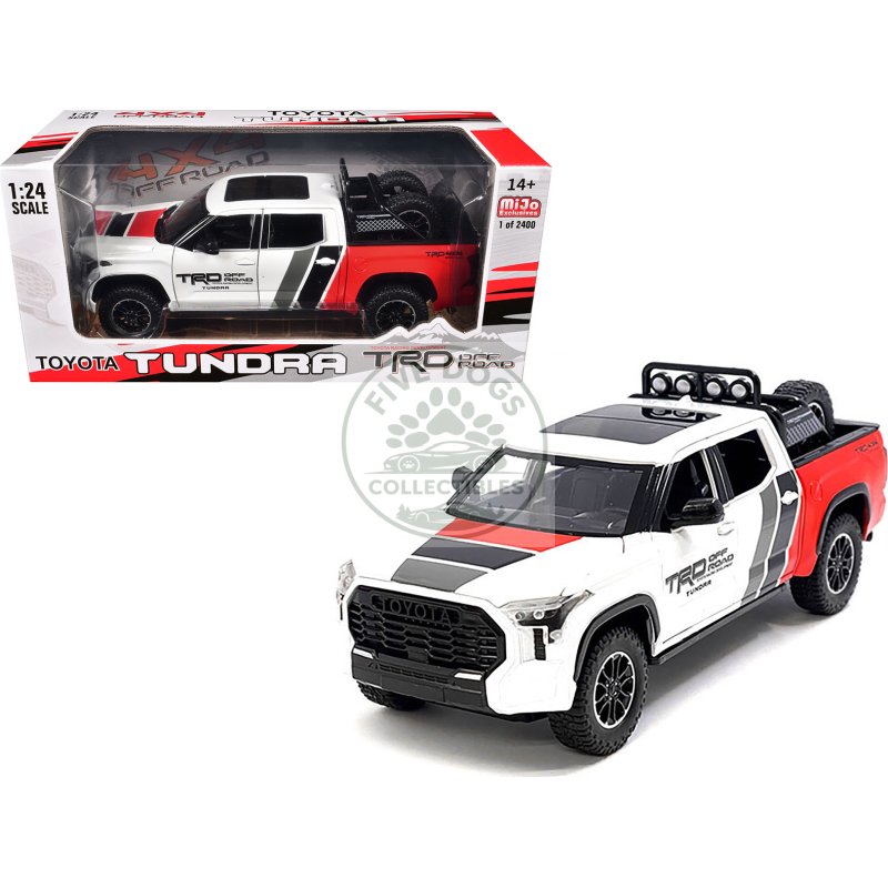 2023 toyota tundra trd 4x4 pickup truck white and red with black and gray stripes with sunroof and wheel rack limited edition to 2400 pieces worldwide 1/24 diecast model car